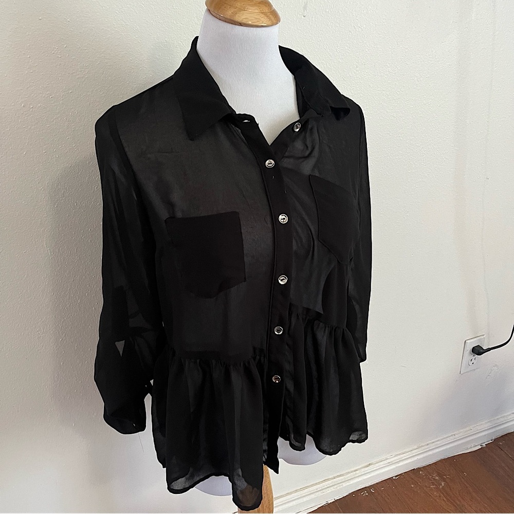 Monteau Black Sheer‎ Peplum Button Up Shirt Top Women's Size L